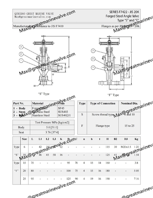 JIS F7422 20K forged Steel ANGLE Globe Valve 20K6 20K10 20K15 20K20 20K25 Tipe S,Tipe U Tipe F